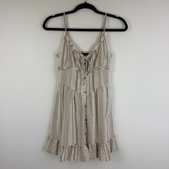 Winsdor Womens Button Striped Spaghetti Strap Cute Skater Beige Mini Dress Small - Picture 2 of 11